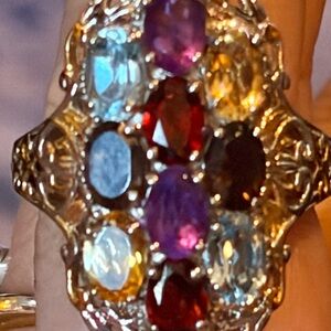Multi-Gemstone Statement Ring in Red, Purple, Blue and Gold Tones